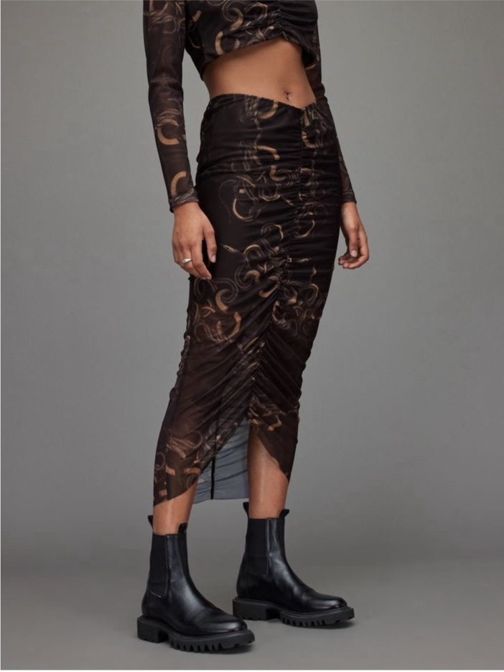 Allsaints Black Ruched Skirt with snakes